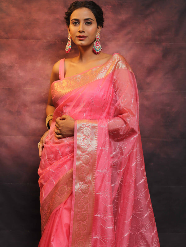 Banarasee Organza Floral Embroidery Sequin Work Saree-Baby Pink