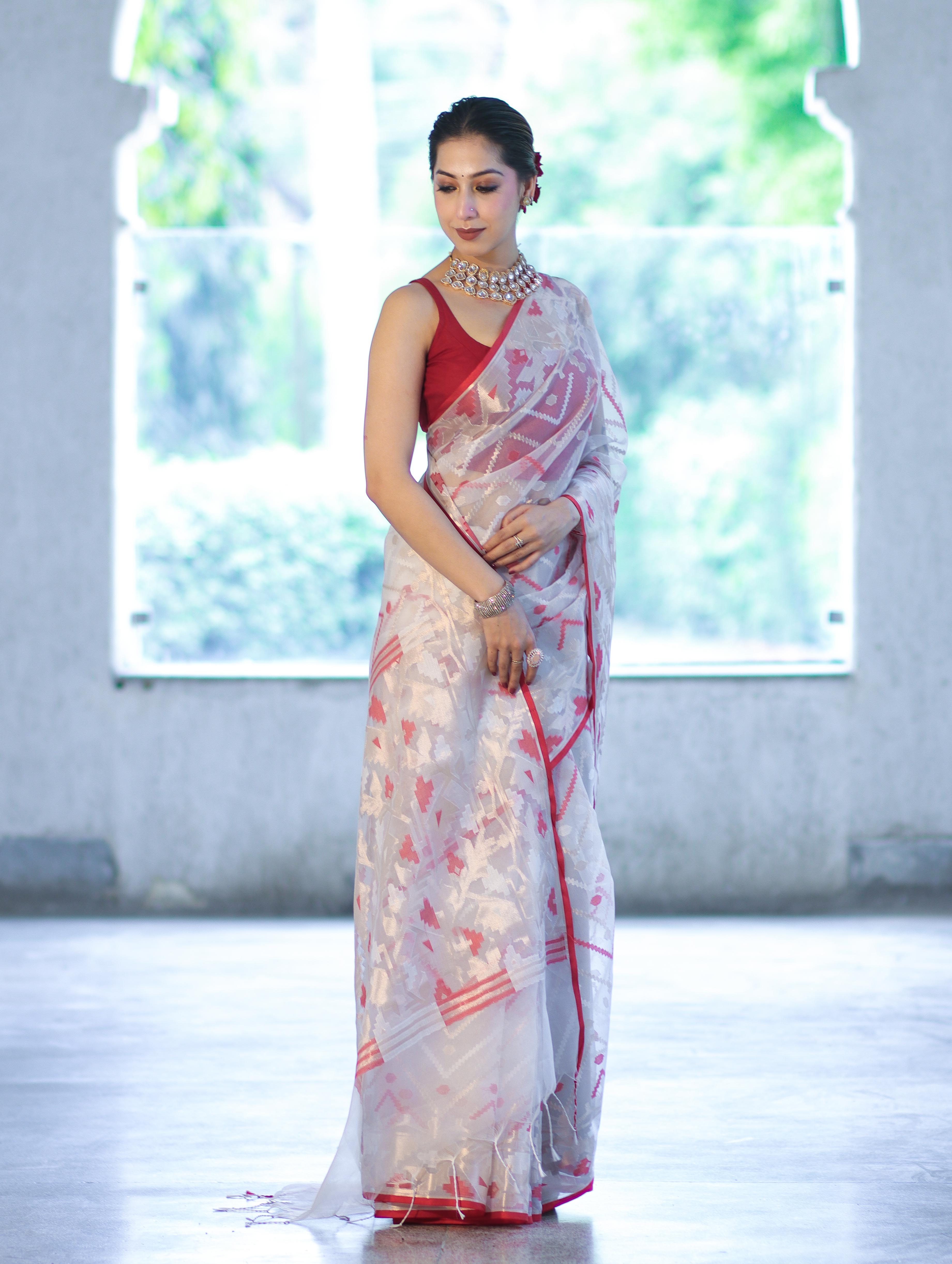 Banarasee Dual Color Organza Mix Saree With Resham & Zari Work-White & Maroon