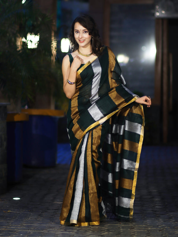 Bhagalpur Handloom Pure Linen Saree With Gold & Silver Stripes-Green