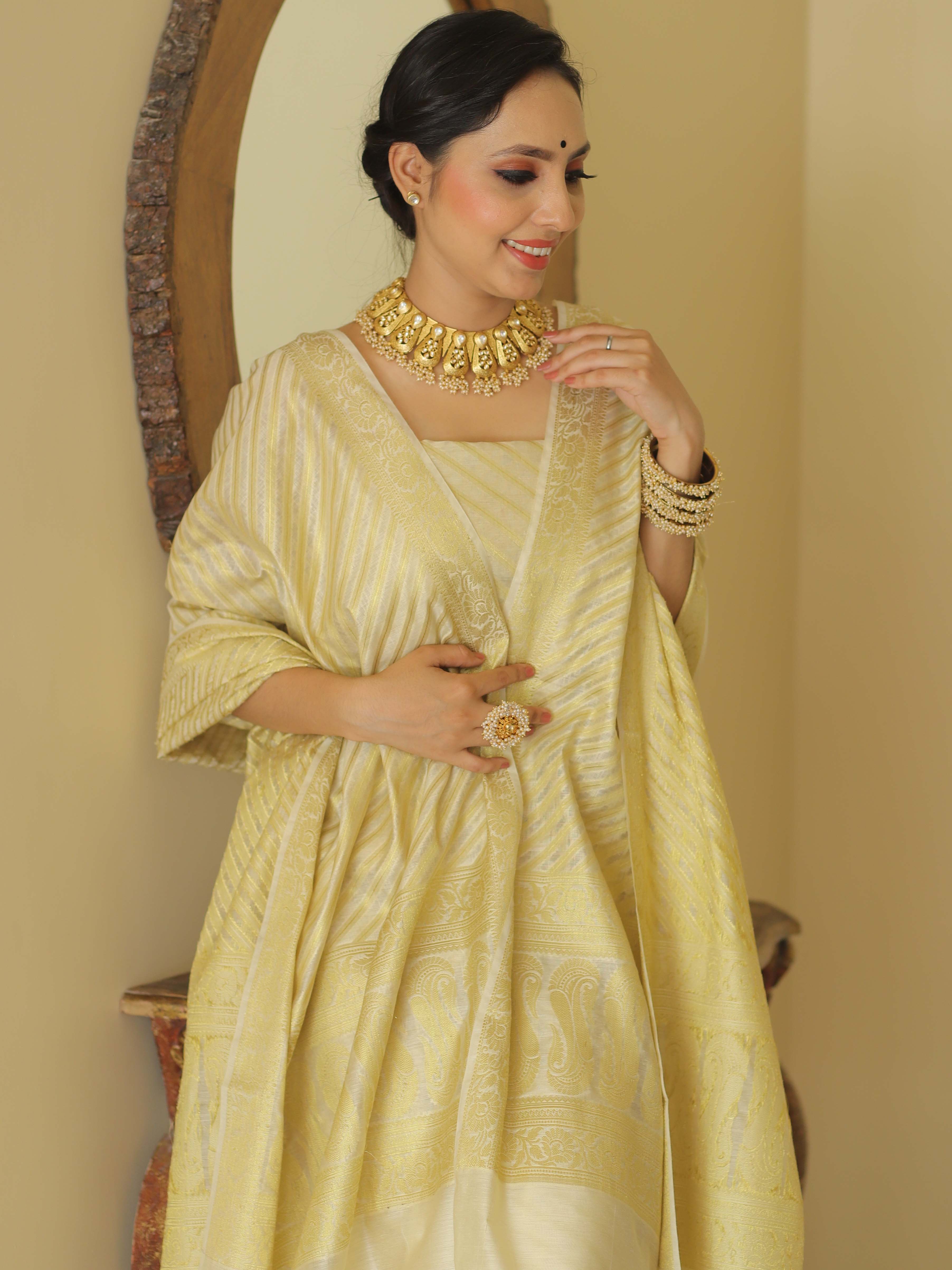 Banarasee Cotton Silk Zari Woven Salwar Kameez Dupatta Set-White