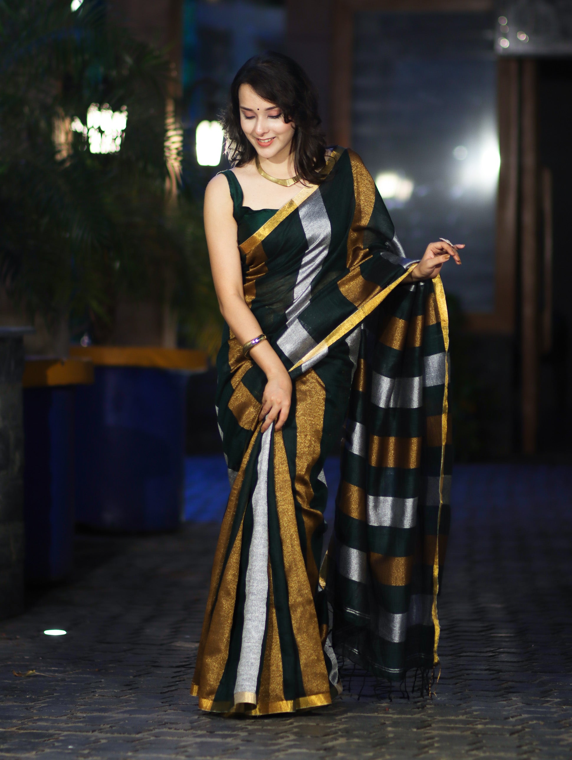 Bhagalpur Handloom Pure Linen Saree With Gold & Silver Stripes-Green