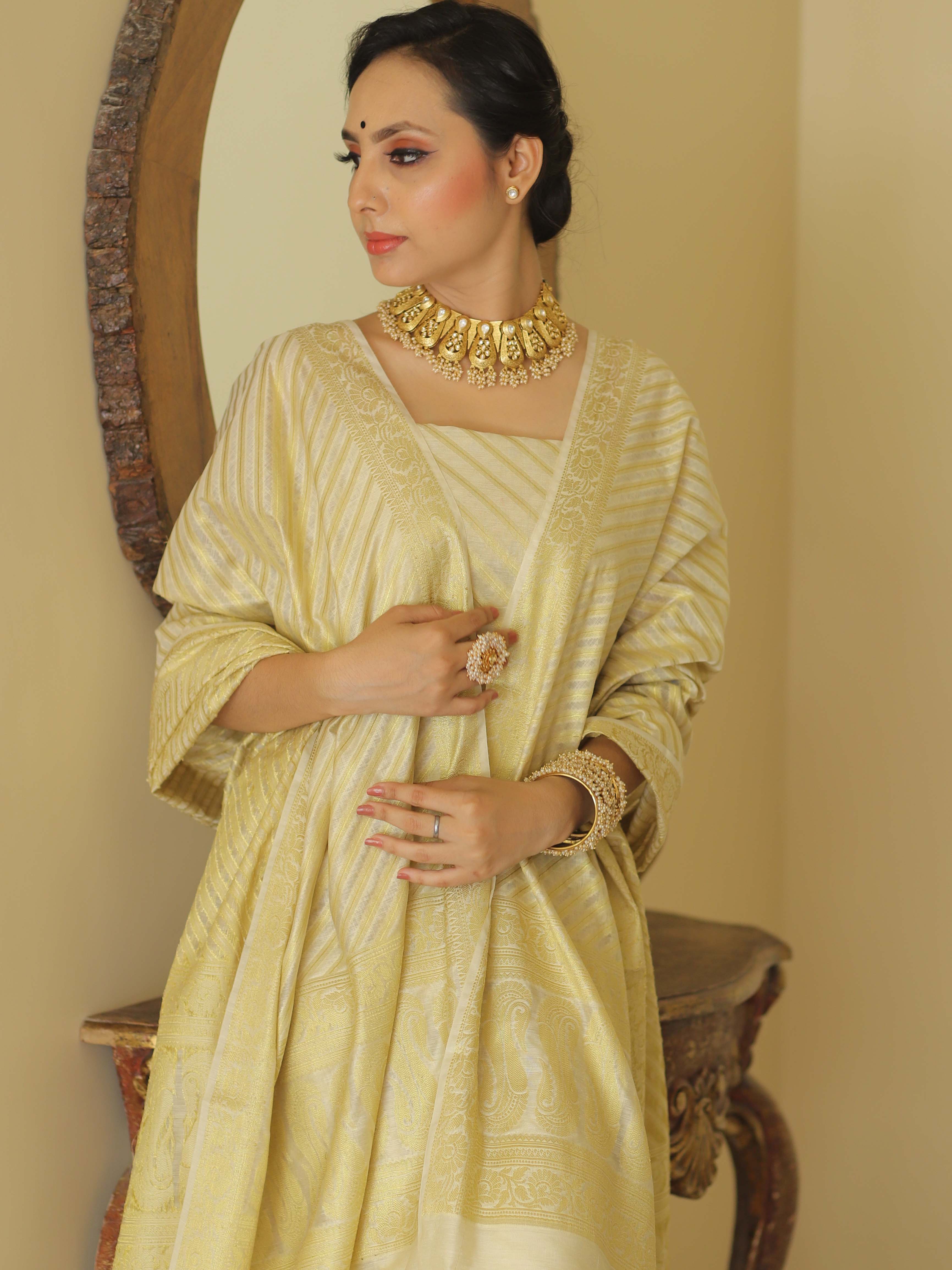Banarasee Cotton Silk Zari Woven Salwar Kameez Dupatta Set-White