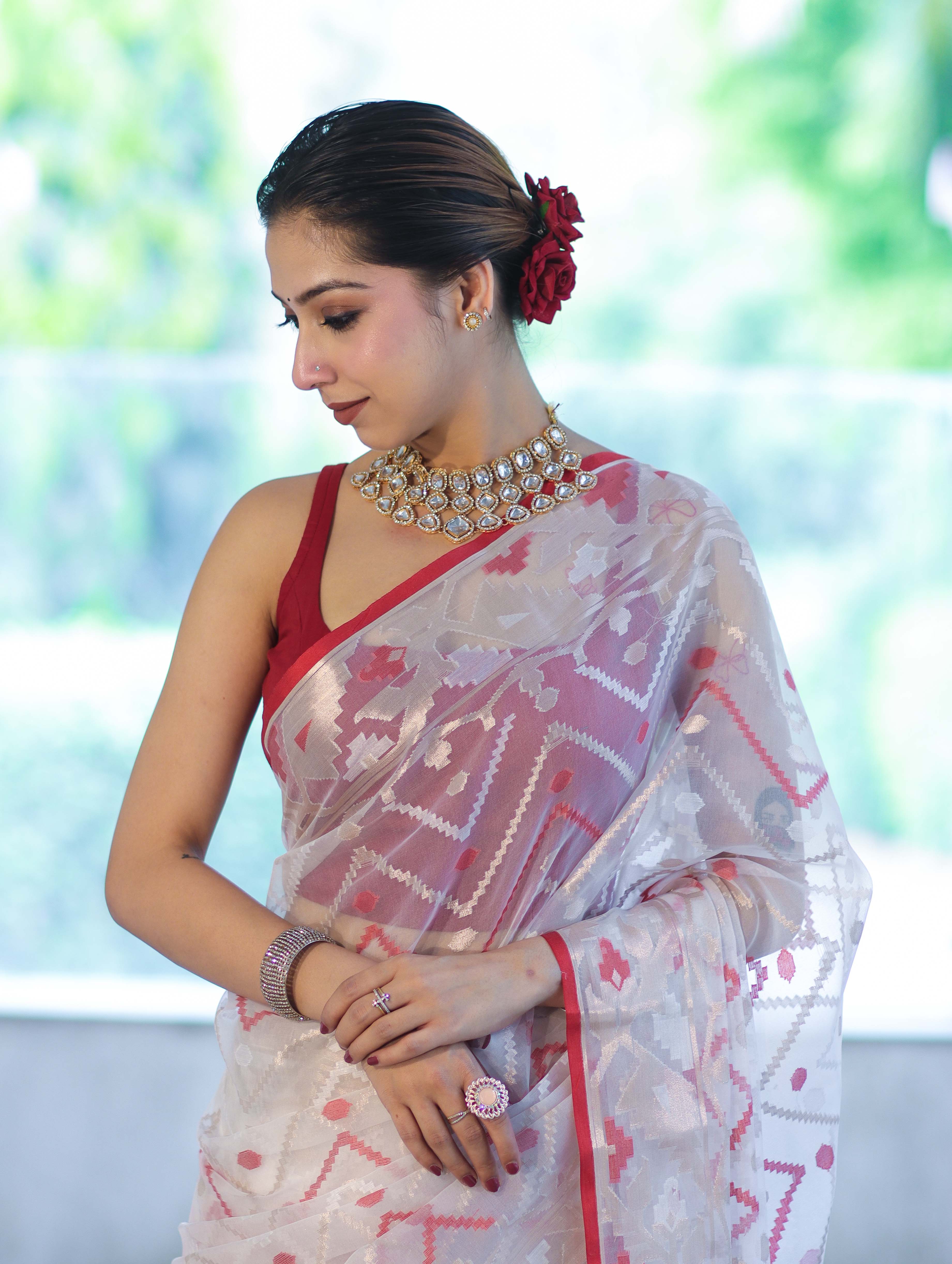 Banarasee Dual Color Organza Mix Saree With Resham & Zari Work-White & Maroon