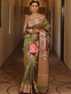 Banarasee Handwoven Dual Tone Semi Silk Saree With Zari Buti-Henna Green