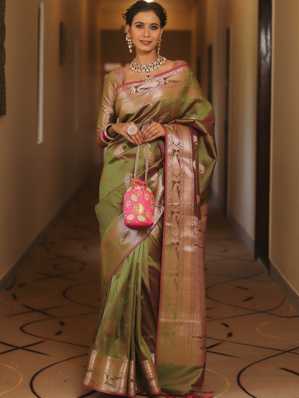 Banarasee Handwoven Dual Tone Semi Silk Saree With Zari Buti-Henna Green