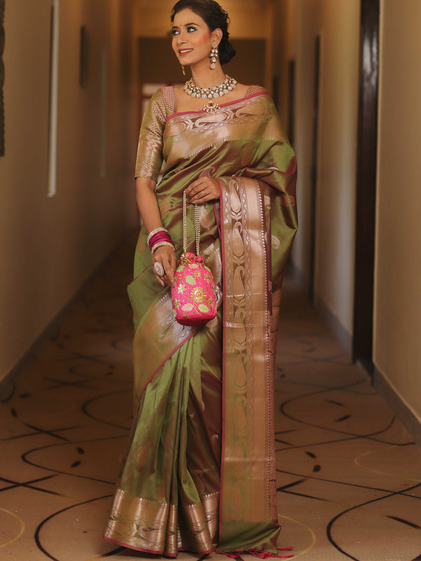 Banarasee Handwoven Dual Tone Semi Silk Saree With Zari Buti-Henna Green
