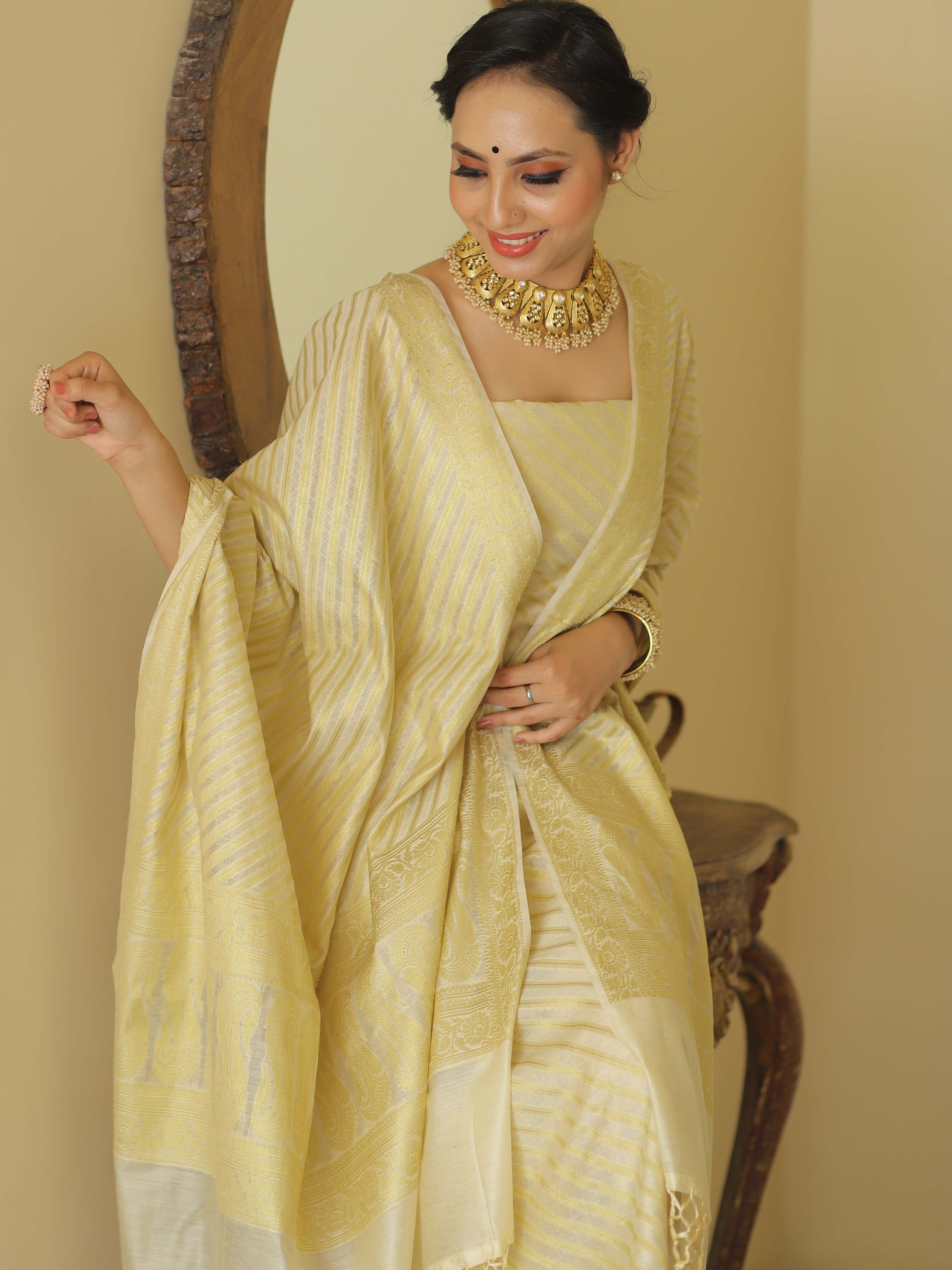 Banarasee Cotton Silk Zari Woven Salwar Kameez Dupatta Set-White