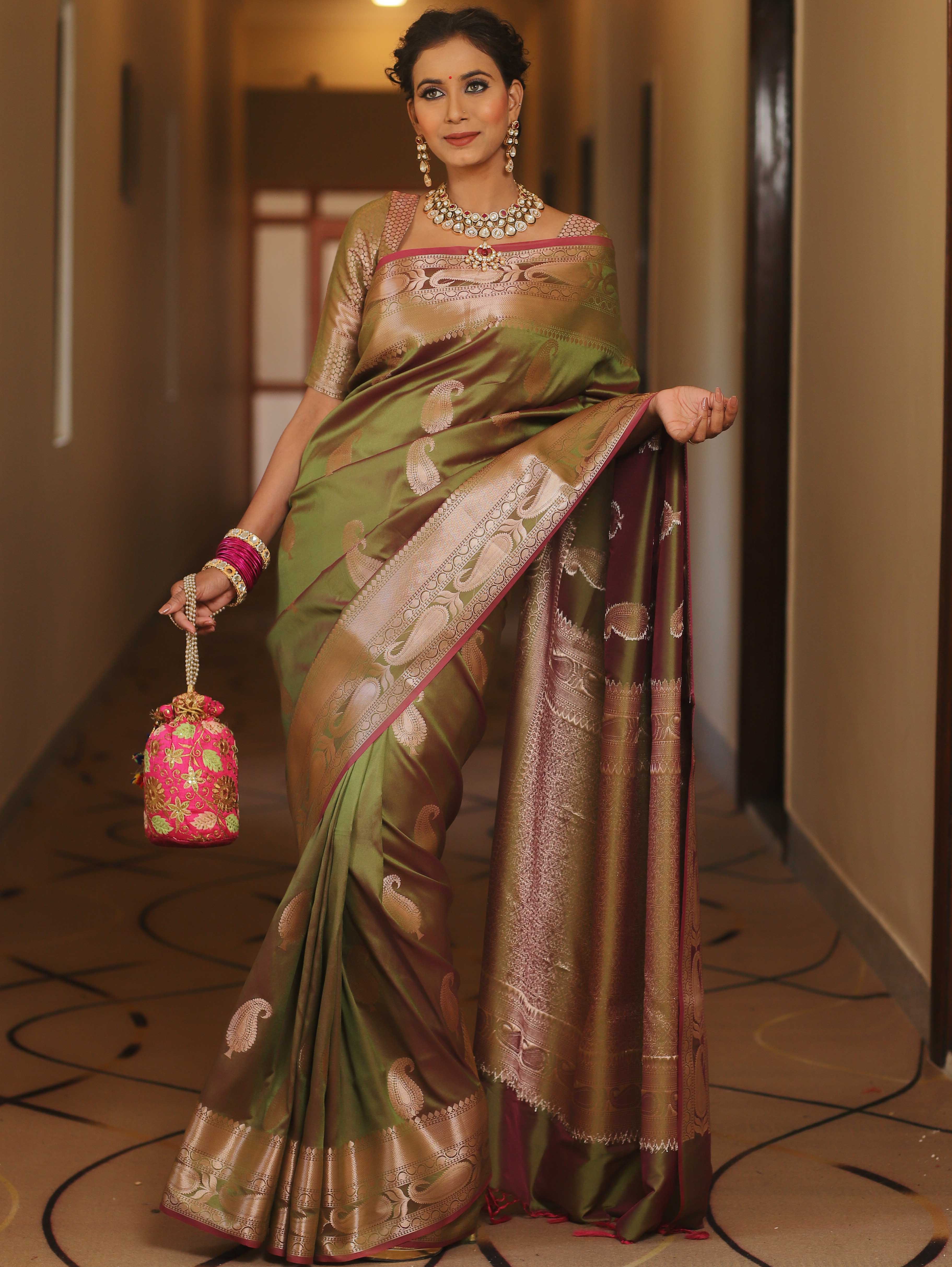 Banarasee Handwoven Dual Tone Semi Silk Saree With Zari Buti-Henna Green