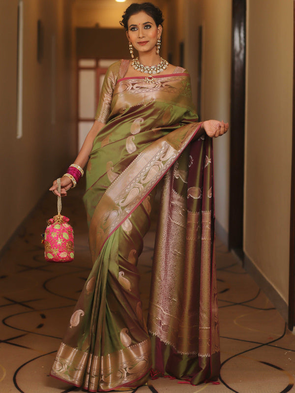Banarasee Handwoven Dual Tone Semi Silk Saree With Zari Buti-Henna Green