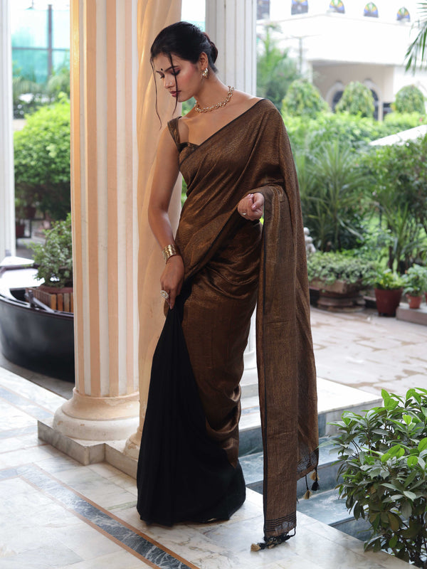 Banarasee Linen Tissue Metallic Shine Saree-Gold & Black