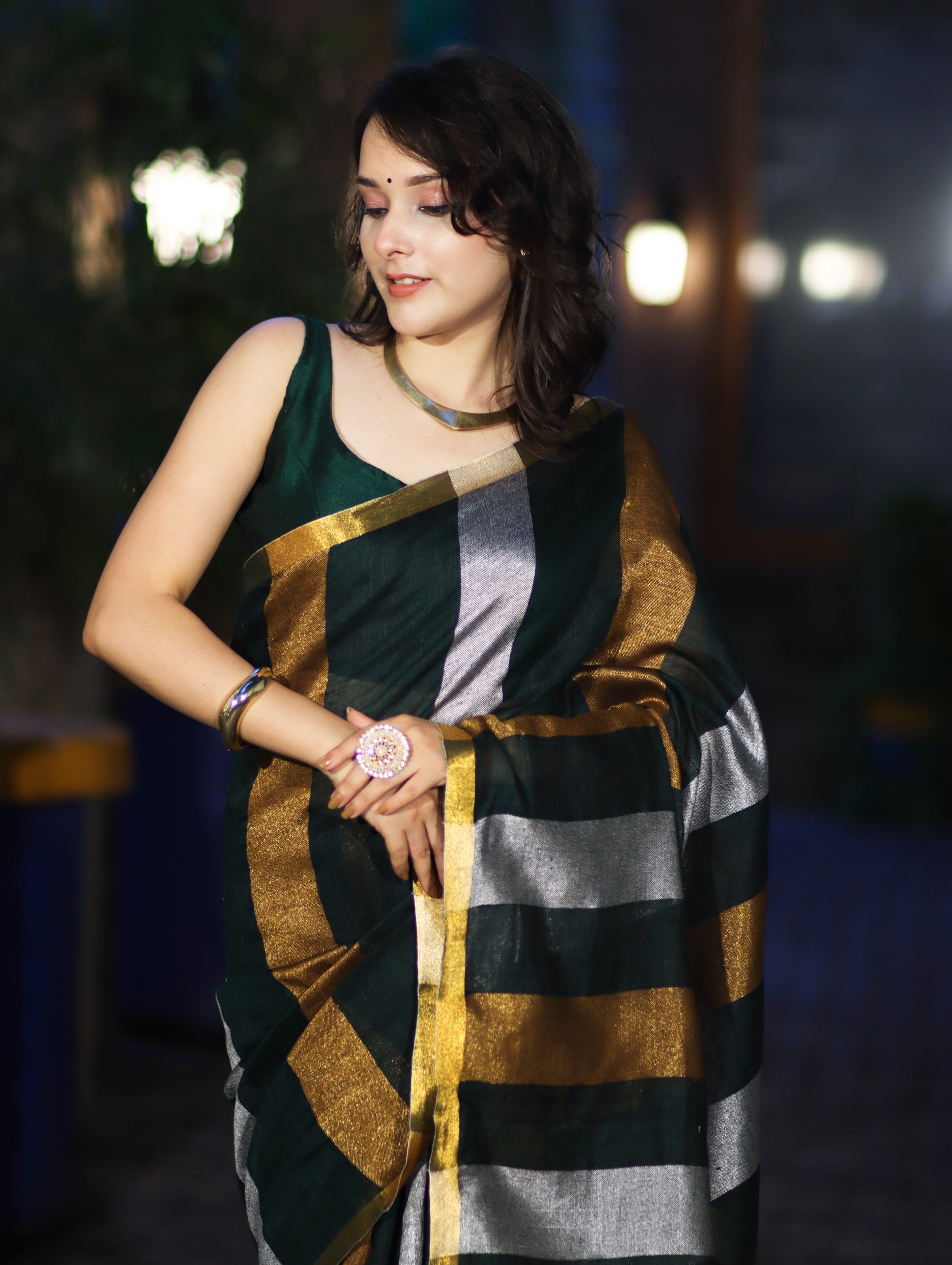 Bhagalpur Handloom Pure Linen Saree With Gold & Silver Stripes-Green