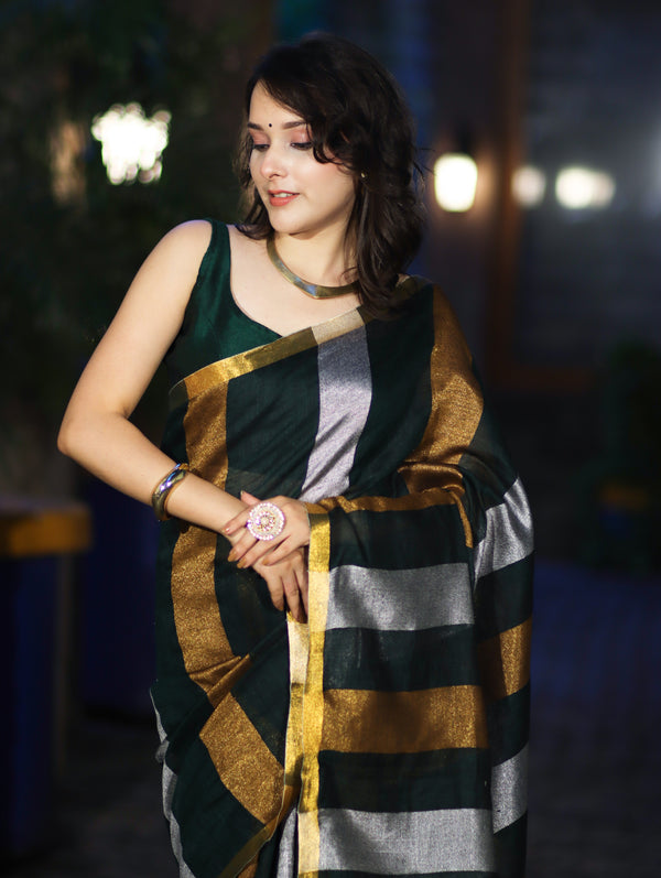Bhagalpur Handloom Pure Linen Saree With Gold & Silver Stripes-Green