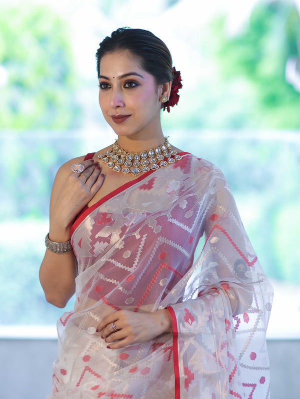 Banarasee Dual Color Organza Mix Saree With Resham & Zari Work-White & Maroon