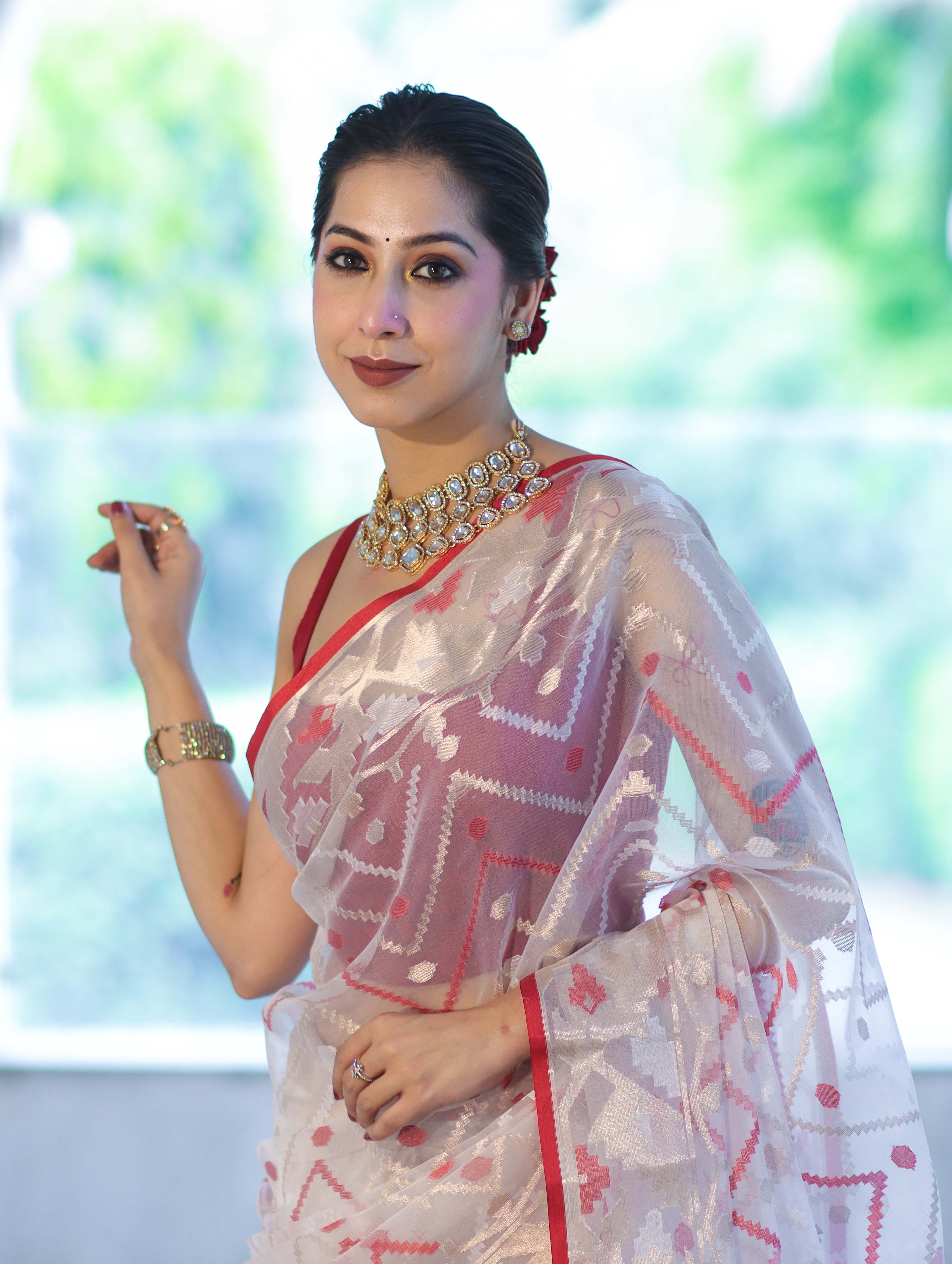 Banarasee Dual Color Organza Mix Saree With Resham & Zari Work-White & Maroon