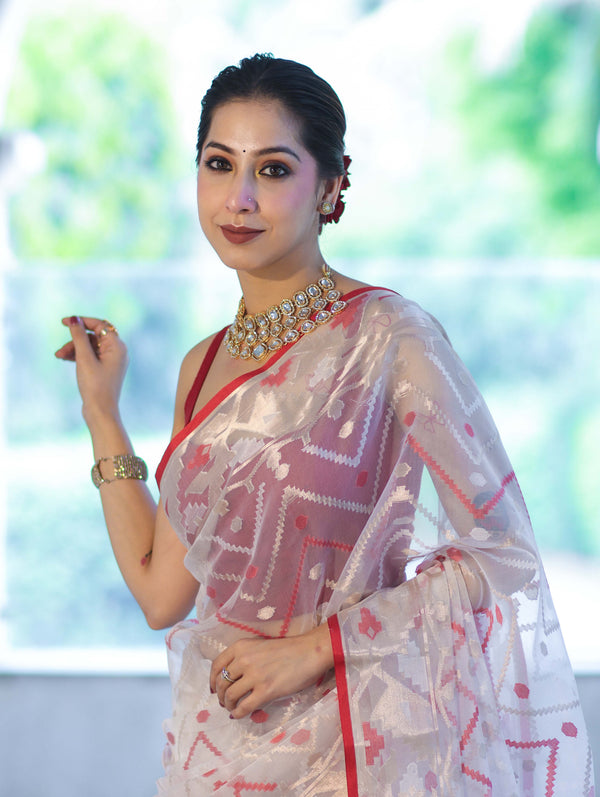 Banarasee Dual Color Organza Mix Saree With Resham & Zari Work-White & Maroon