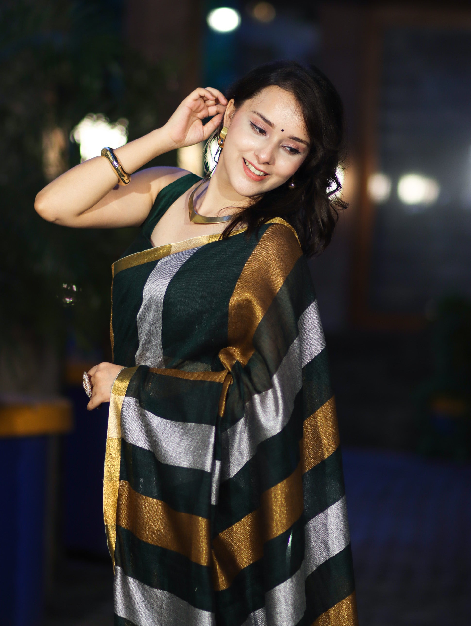 Bhagalpur Handloom Pure Linen Saree With Gold & Silver Stripes-Green