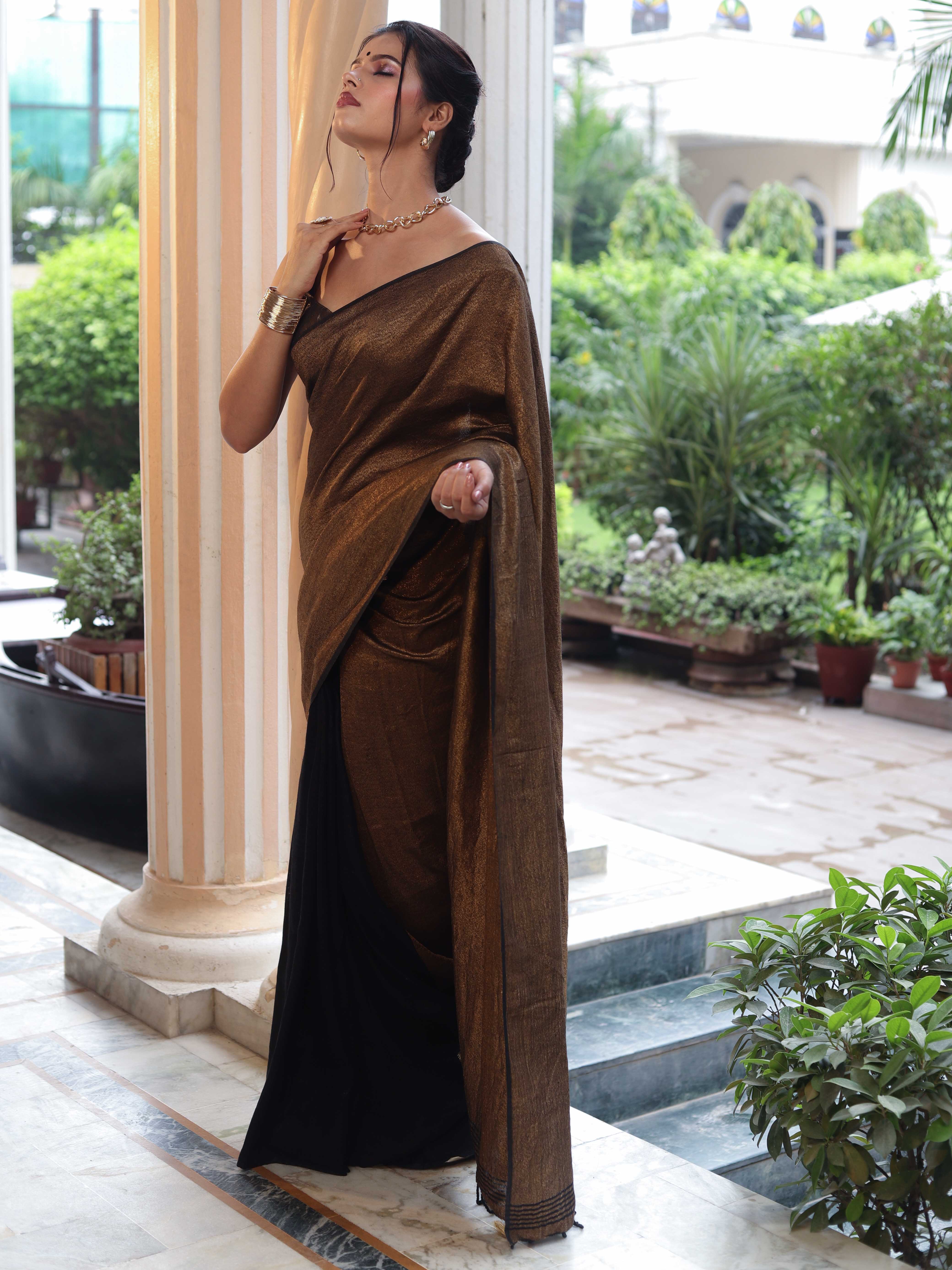 Banarasee Linen Tissue Metallic Shine Saree-Gold & Black