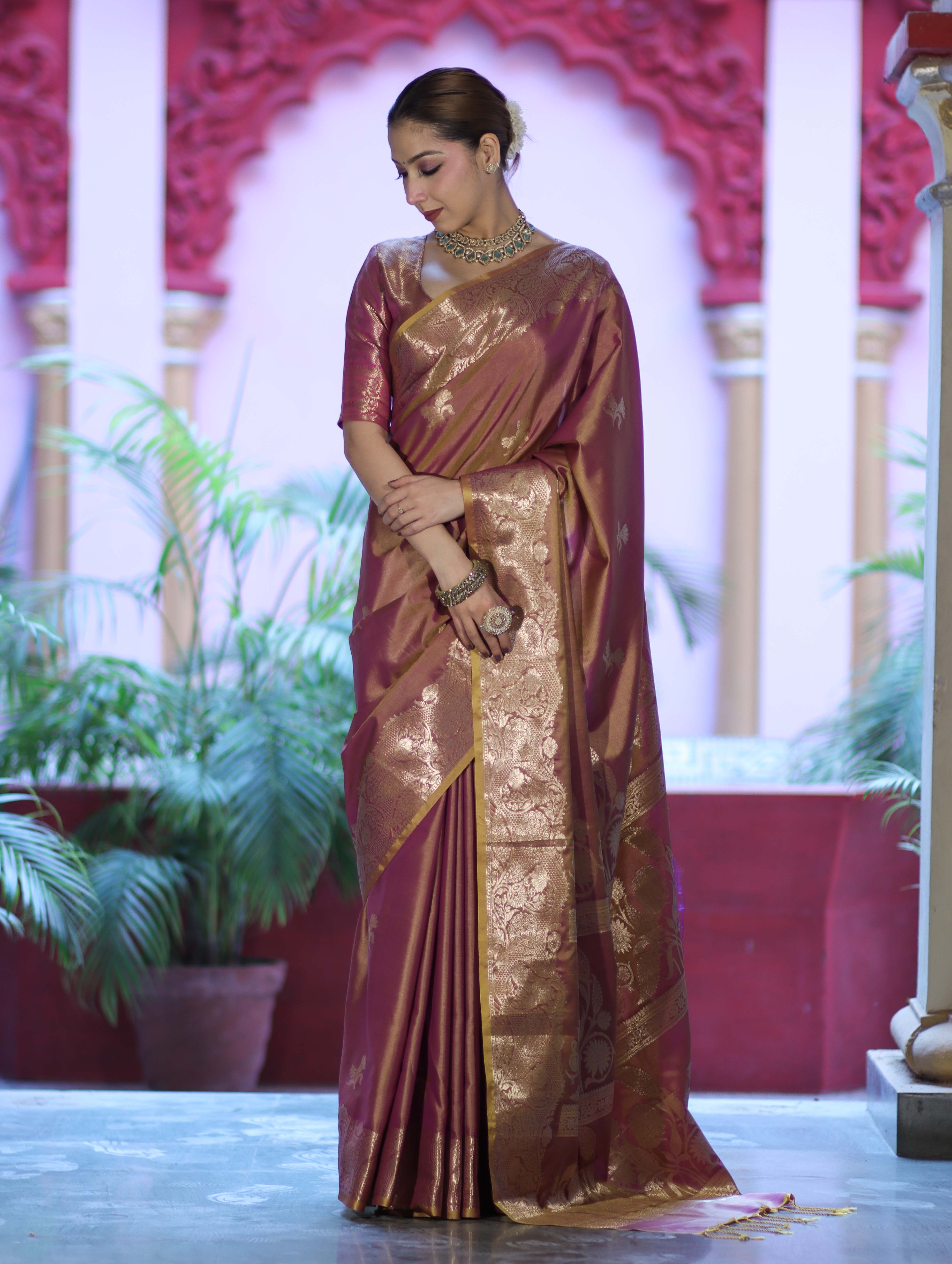 Banarasee Handloom Dual Tone Semi Silk Saree With Zari Buta Design & Floral Border-Mauve