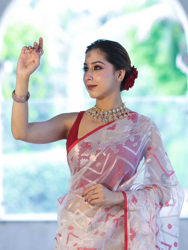 Banarasee Dual Color Organza Mix Saree With Resham & Zari Work-White & Maroon