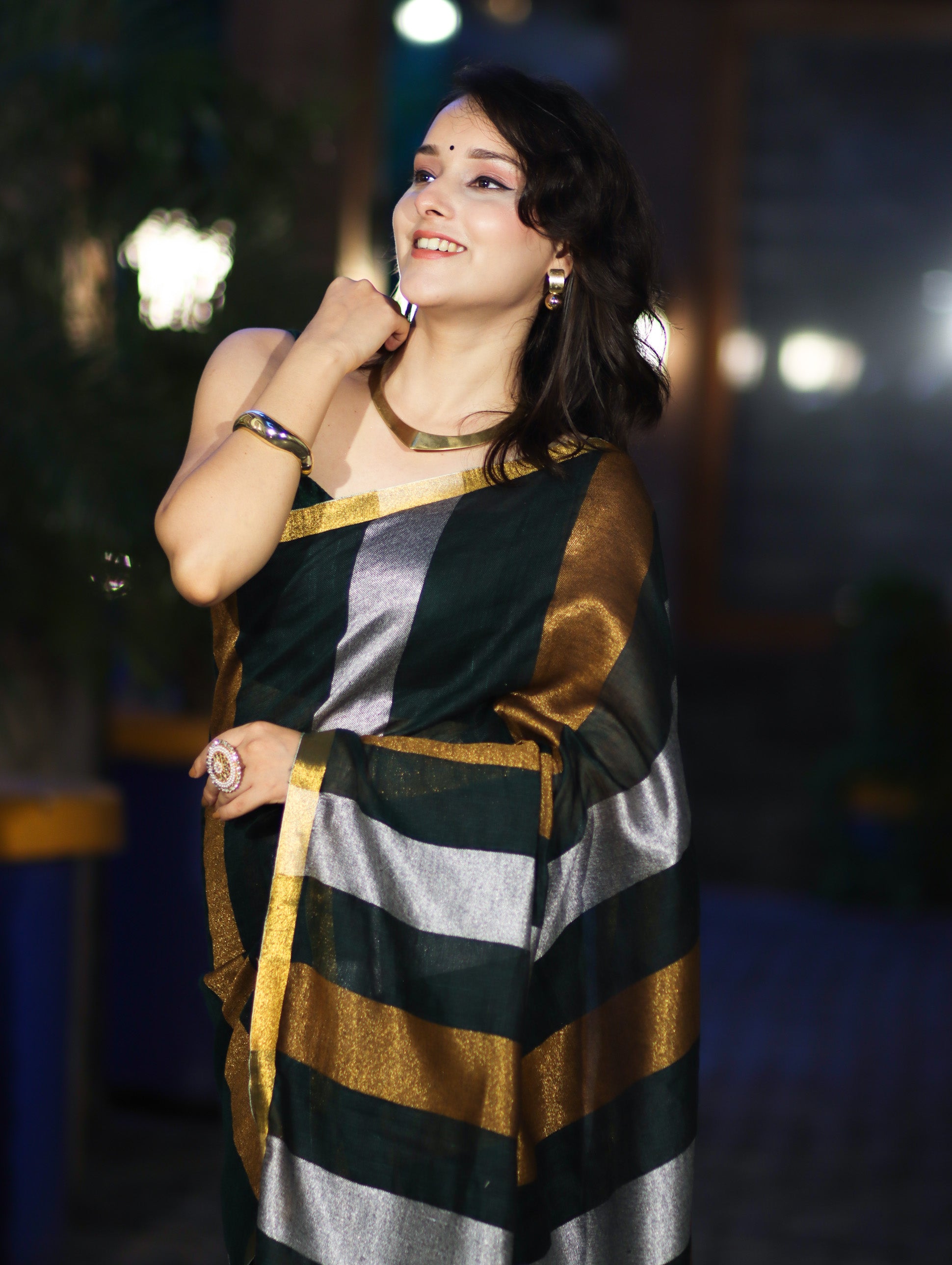 Bhagalpur Handloom Pure Linen Saree With Gold & Silver Stripes-Green