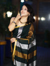 Bhagalpur Handloom Pure Linen Saree With Gold & Silver Stripes-Green