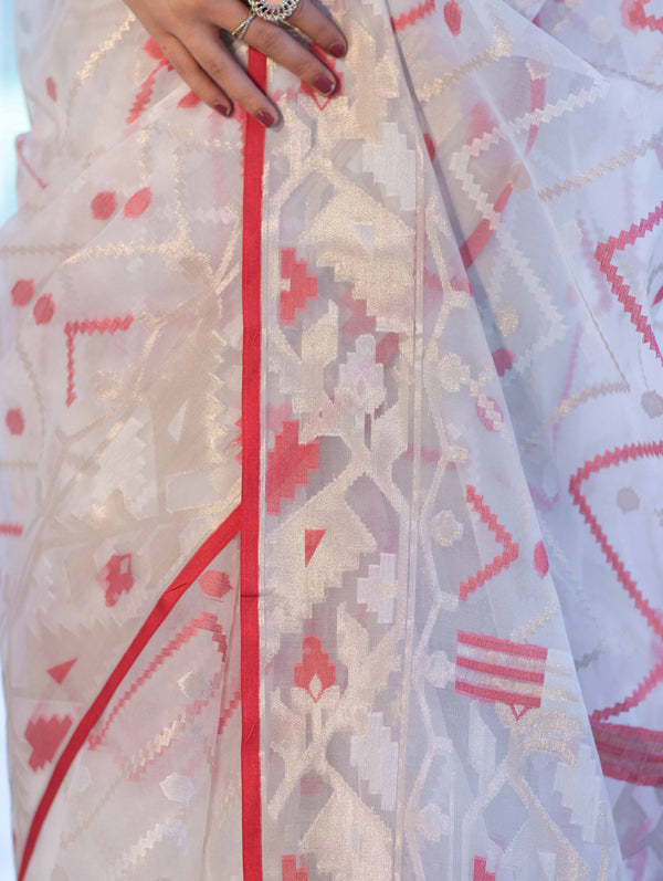 Banarasee Dual Color Organza Mix Saree With Resham & Zari Work-White & Maroon
