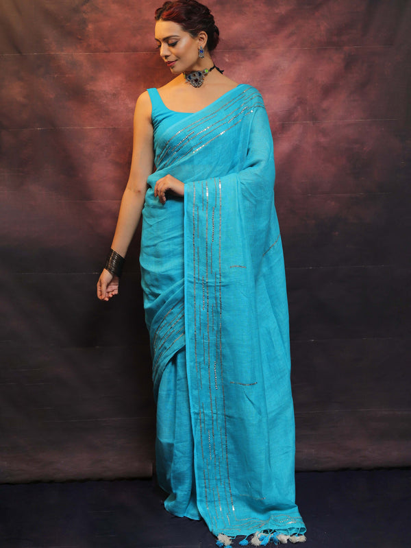 Banarasee Handloom Pure Linen Sequins Work Saree-Light Blue