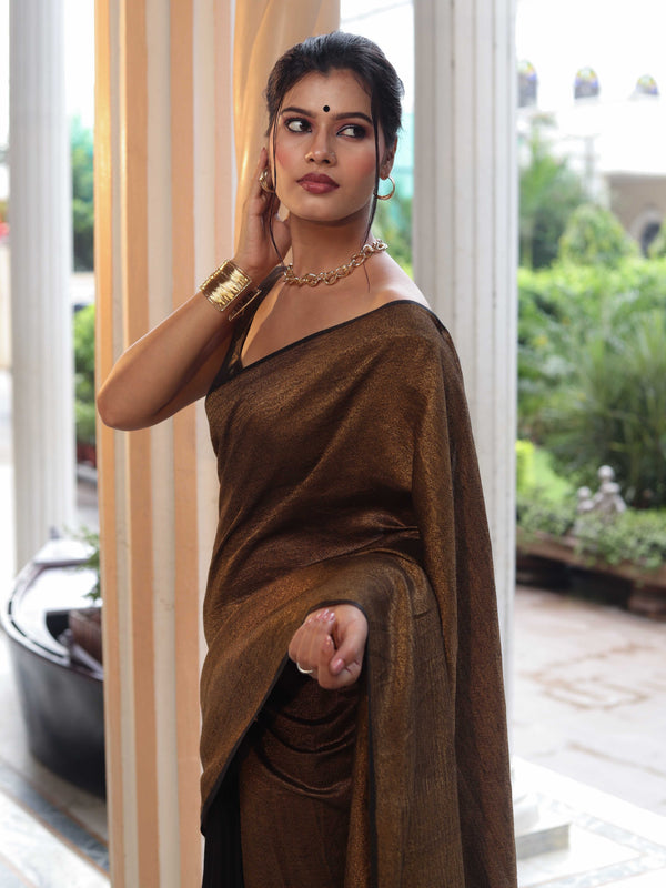 Banarasee Linen Tissue Metallic Shine Saree-Gold & Black