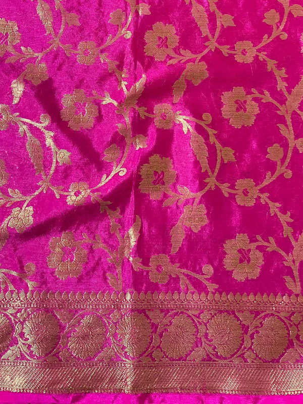Banarasee Handwoven Semi Silk Plain Saree With Zari Contrast Border-Blue & Pink