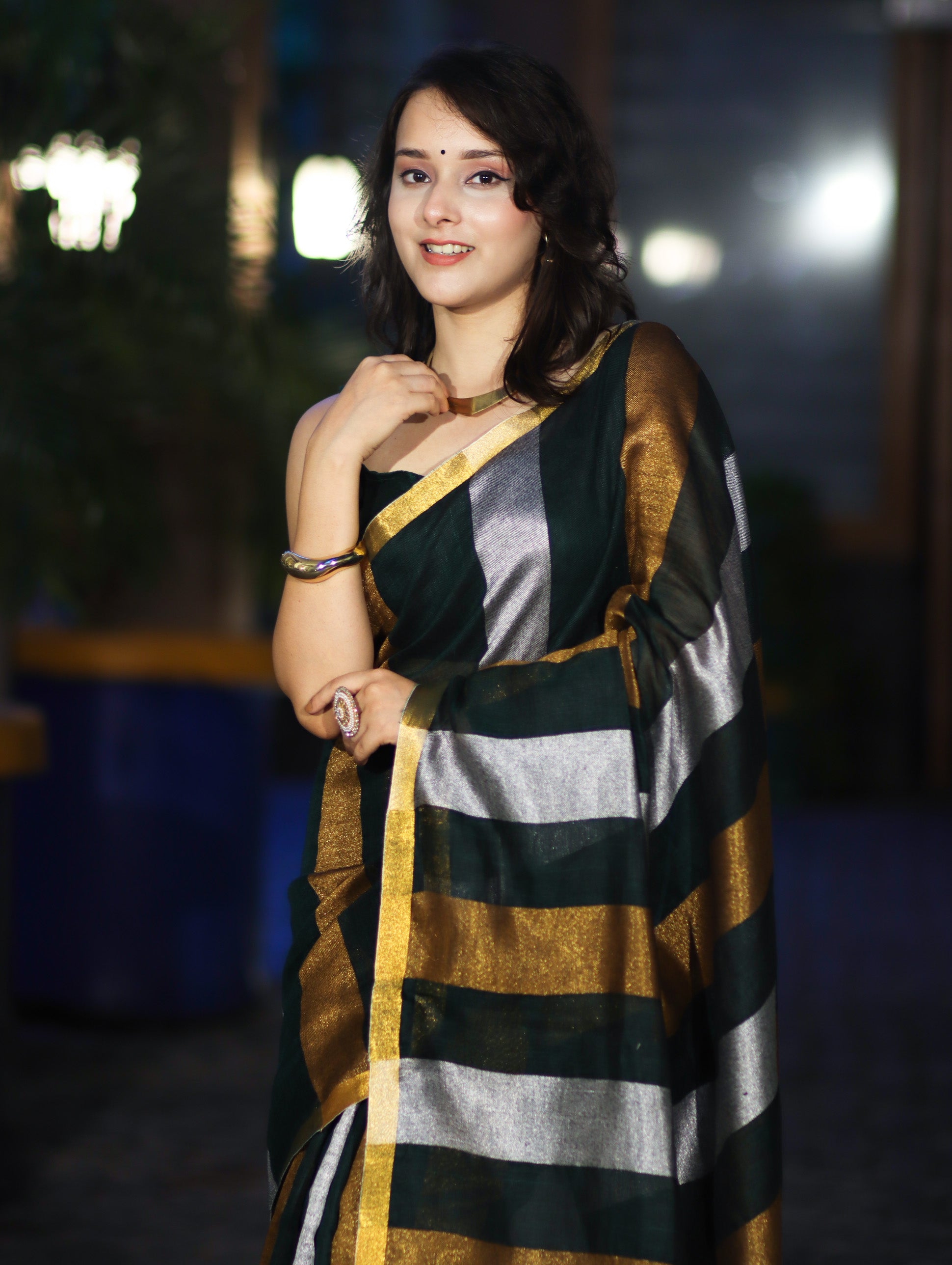 Bhagalpur Handloom Pure Linen Saree With Gold & Silver Stripes-Green