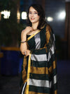 Bhagalpur Handloom Pure Linen Saree With Gold & Silver Stripes-Green