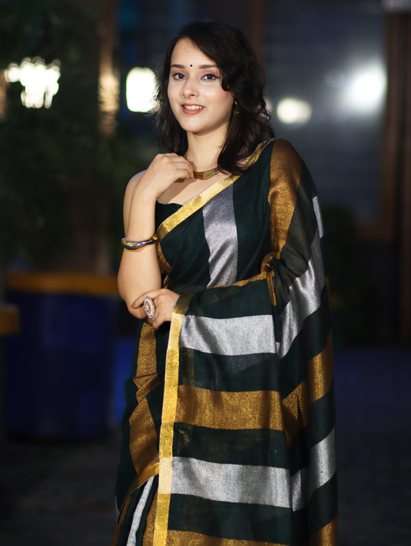 Bhagalpur Handloom Pure Linen Saree With Gold & Silver Stripes-Green