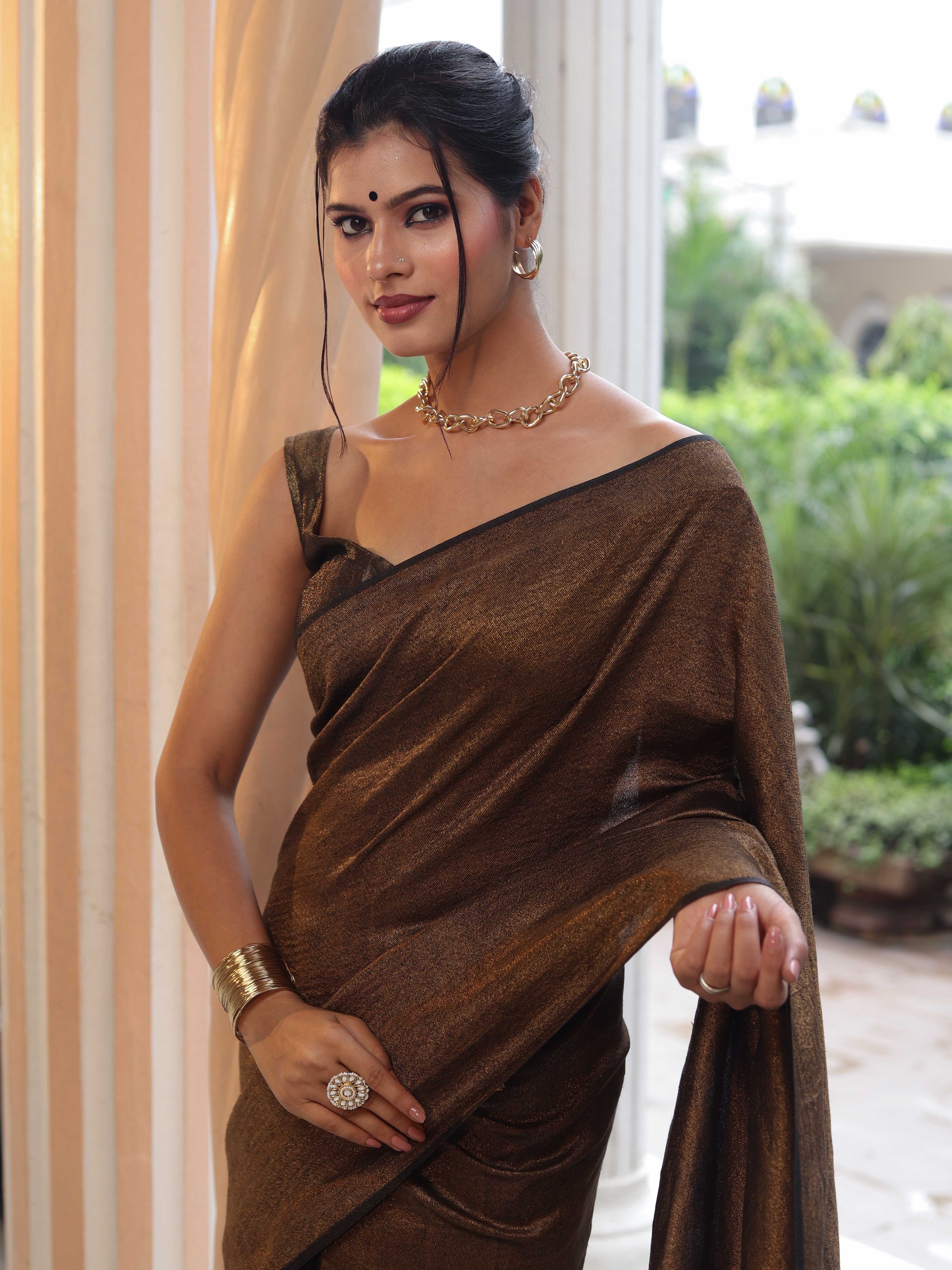 Banarasee Linen Tissue Metallic Shine Saree-Gold & Black