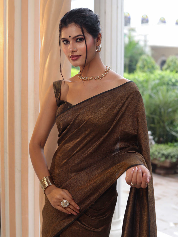 Banarasee Linen Tissue Metallic Shine Saree-Gold & Black
