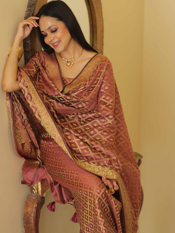 Banarasee Cotton Silk Zari Woven Salwar Kameez Dupatta Set-Rose Pink