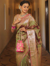 Banarasee Handwoven Dual Tone Semi Silk Saree With Zari Buti-Henna Green