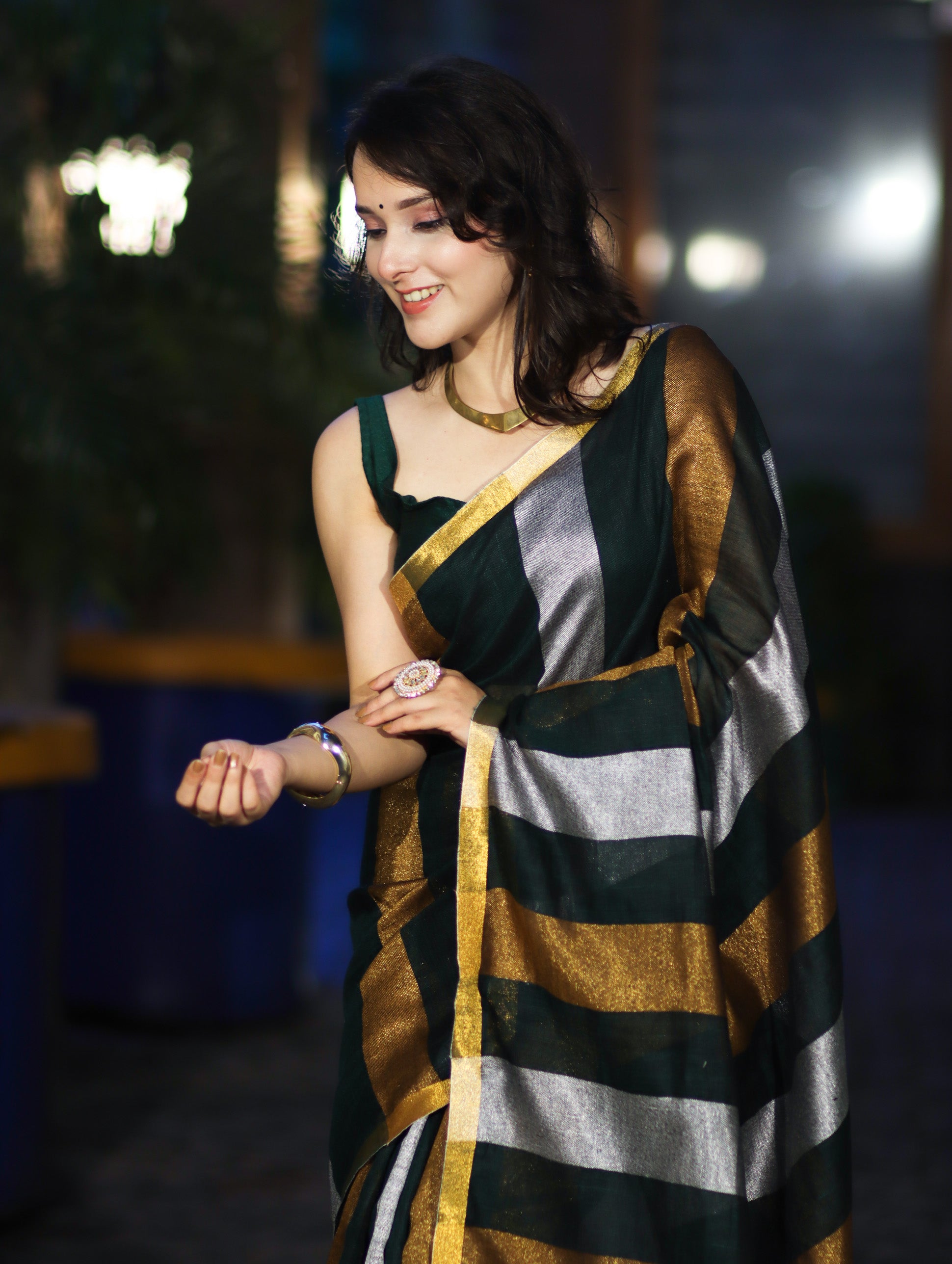 Bhagalpur Handloom Pure Linen Saree With Gold & Silver Stripes-Green
