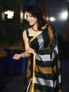 Bhagalpur Handloom Pure Linen Saree With Gold & Silver Stripes-Green