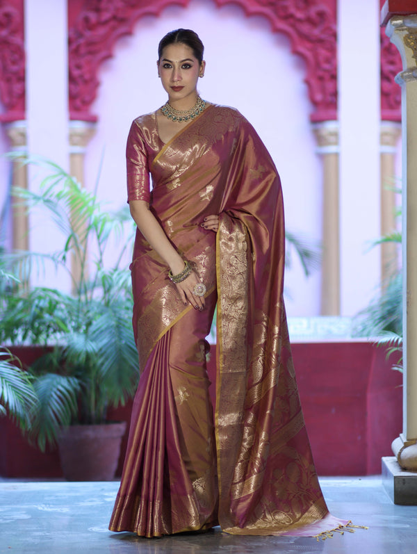 Banarasee Handloom Dual Tone Semi Silk Saree With Zari Buta Design & Floral Border-Mauve