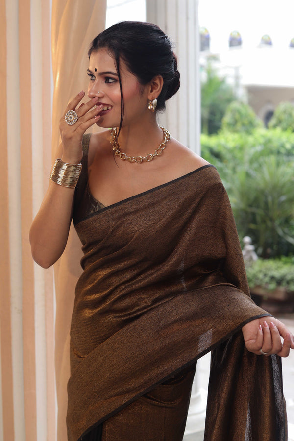 Banarasee Linen Tissue Metallic Shine Saree-Gold & Black