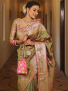 Banarasee Handwoven Dual Tone Semi Silk Saree With Zari Buti-Henna Green