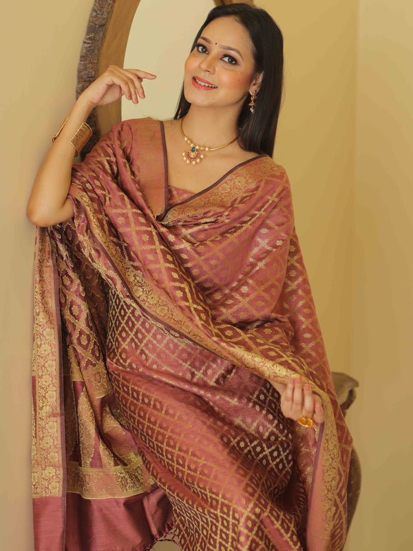 Banarasee Cotton Silk Zari Woven Salwar Kameez Dupatta Set-Rose Pink