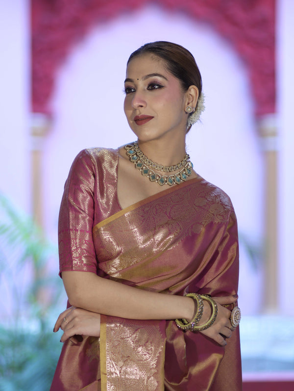 Banarasee Handloom Dual Tone Semi Silk Saree With Zari Buta Design & Floral Border-Mauve