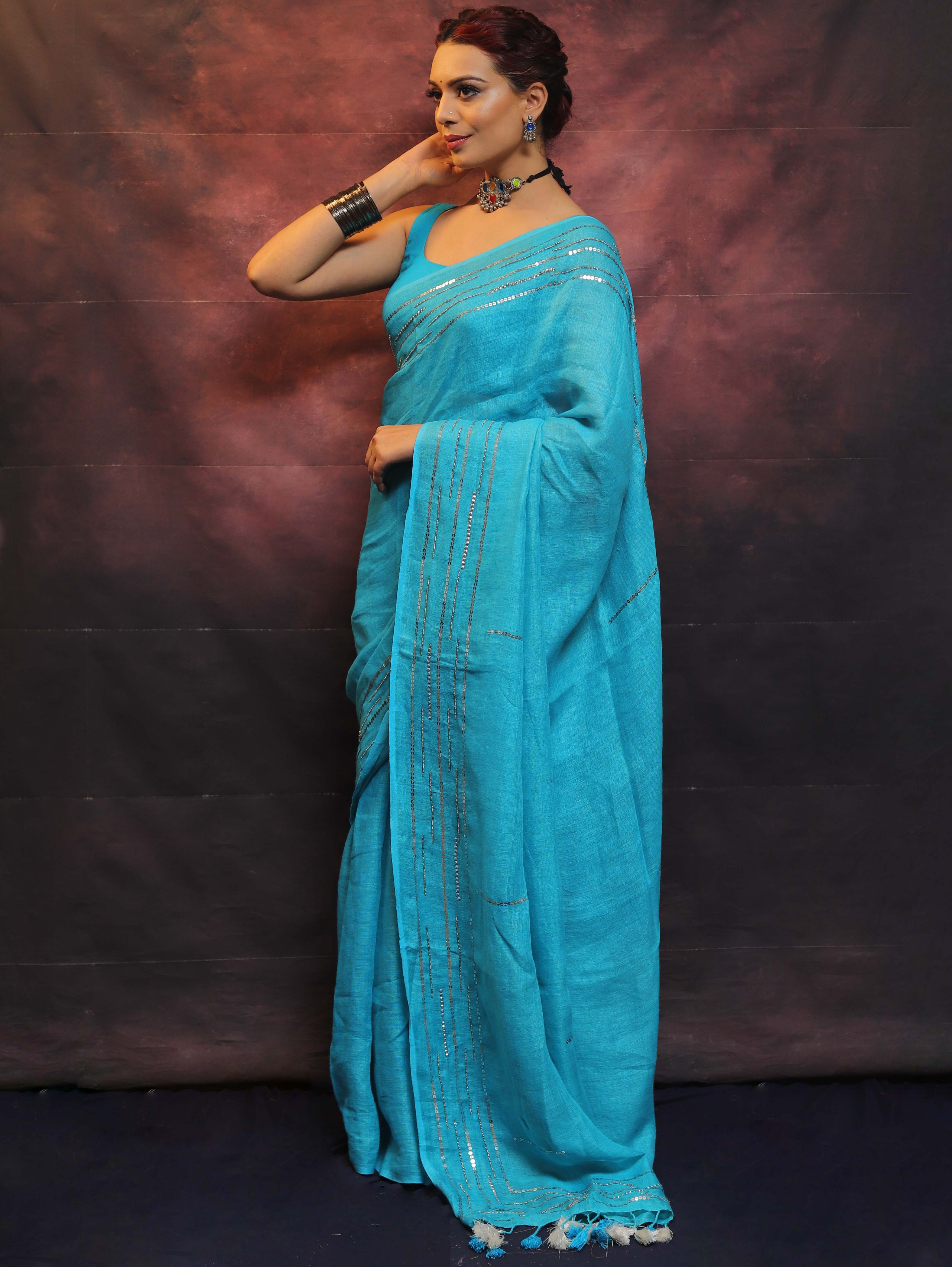 Banarasee Handloom Pure Linen Sequins Work Saree-Light Blue