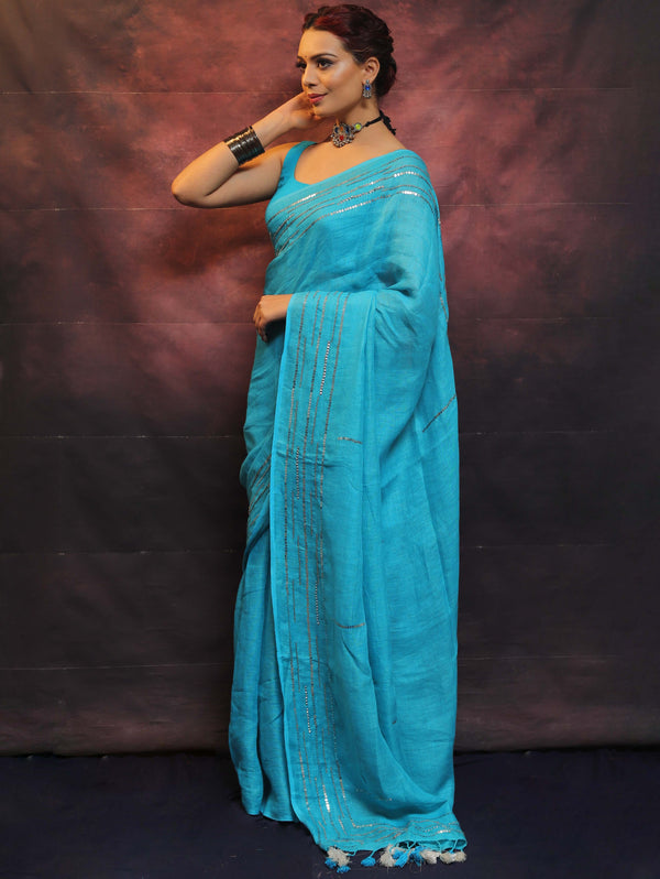 Banarasee Handloom Pure Linen Sequins Work Saree-Light Blue