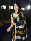 Bhagalpur Handloom Pure Linen Saree With Gold & Silver Stripes-Green