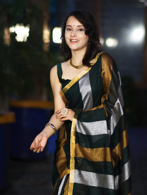 Bhagalpur Handloom Pure Linen Saree With Gold & Silver Stripes-Green