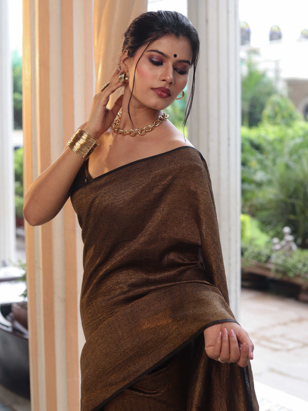 Banarasee Linen Tissue Metallic Shine Saree-Gold & Black