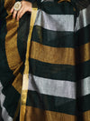 Bhagalpur Handloom Pure Linen Saree With Gold & Silver Stripes-Green