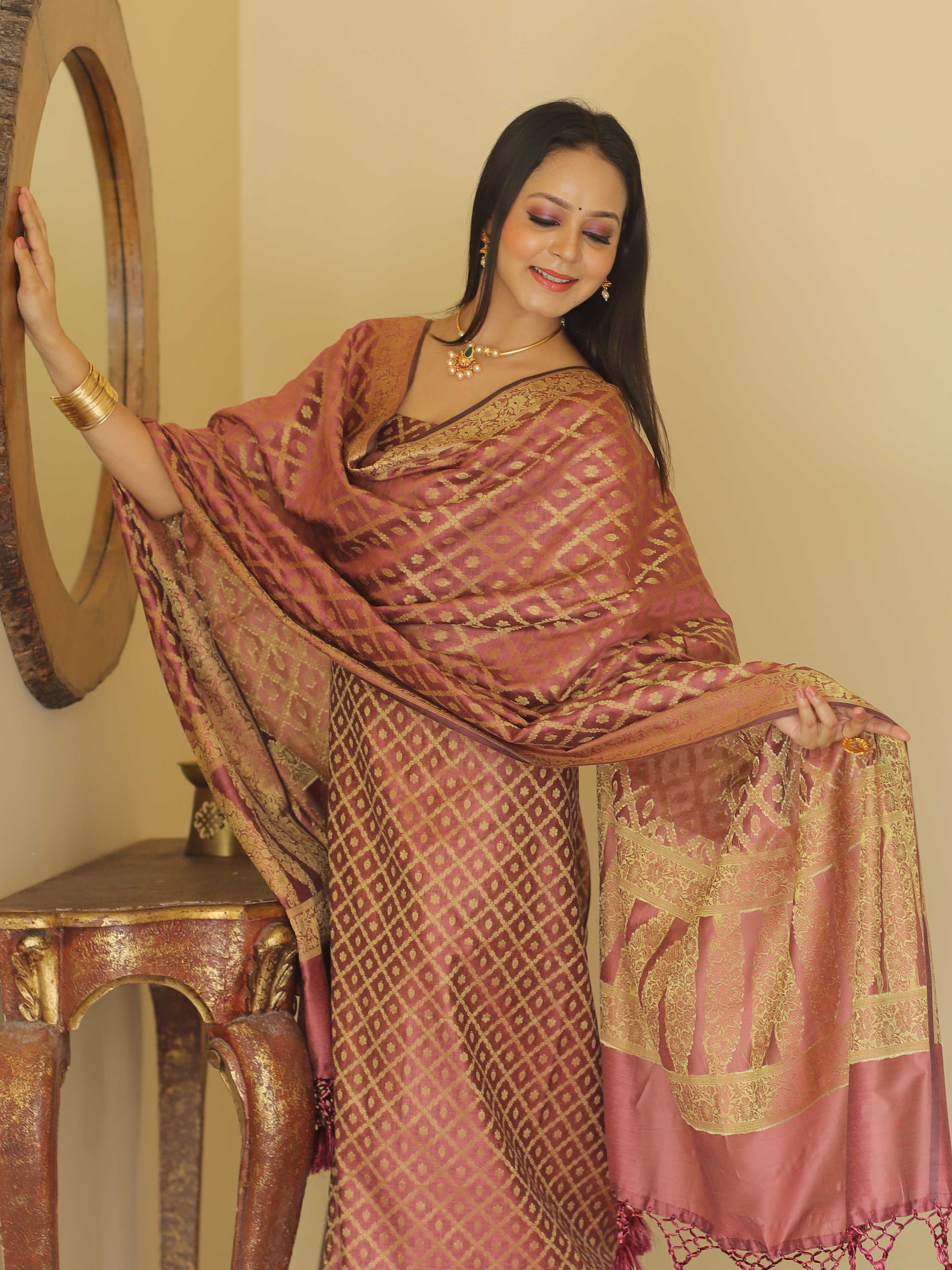 Banarasee Cotton Silk Zari Woven Salwar Kameez Dupatta Set-Rose Pink